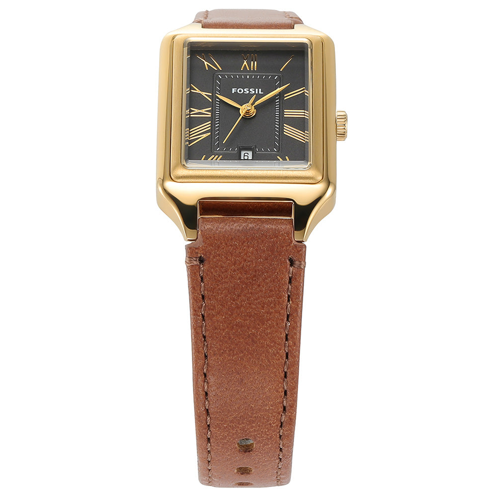 Fossil Raquel ES5303 Gold Rectangular Watch with Brown Leather Strap