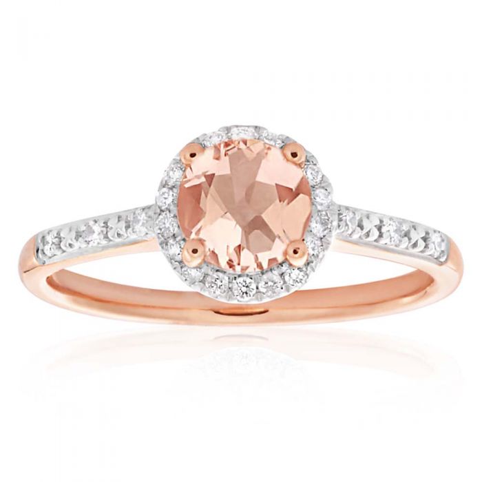 Exquisite 9 Carat Rose Gold Engagement Ring with 0.8 Carat Morganite and 0.10 Carat Diamond Halo