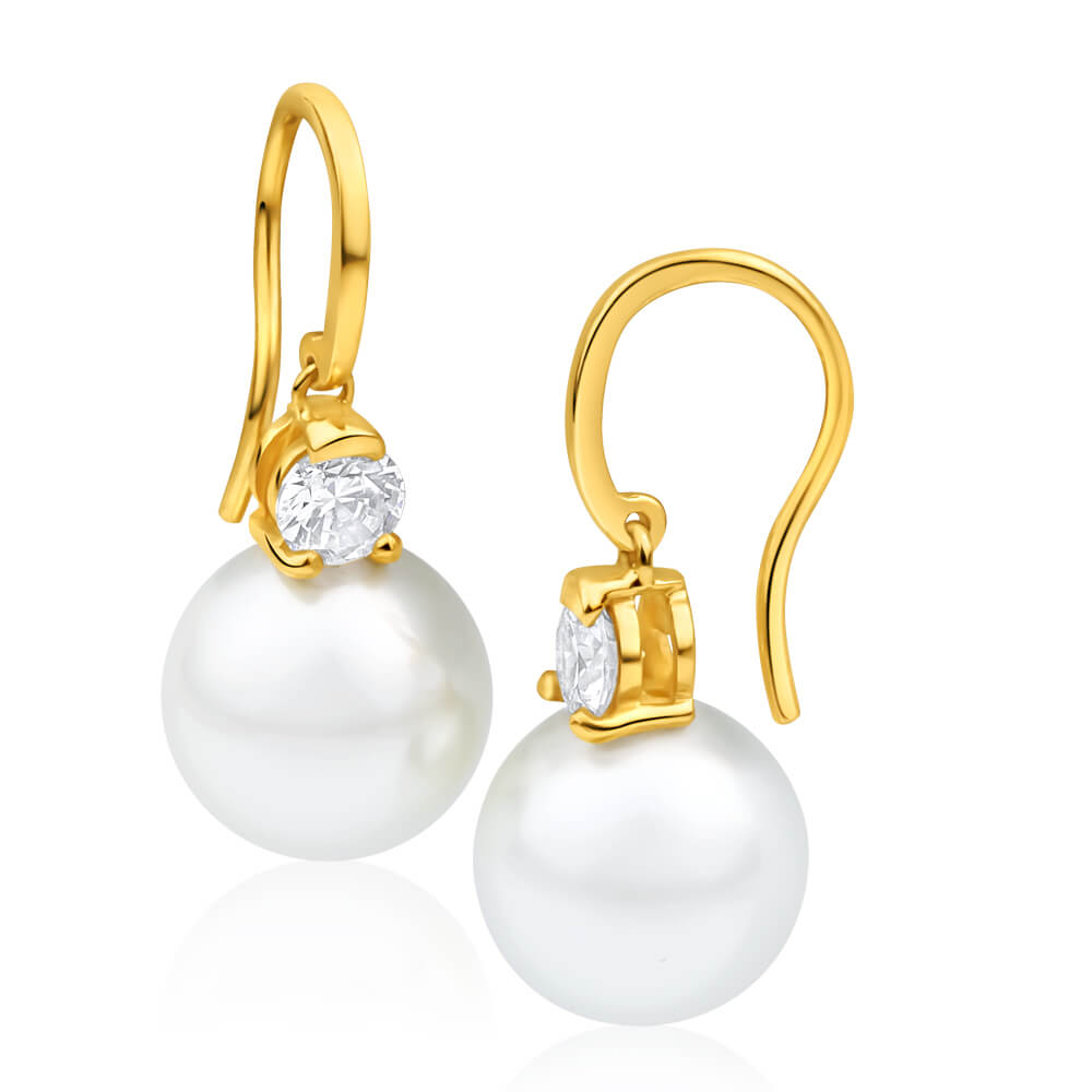 Elegant 9ct Yellow Gold 10mm Simulated Pearl and Cubic Zirconia Dangling Earrings