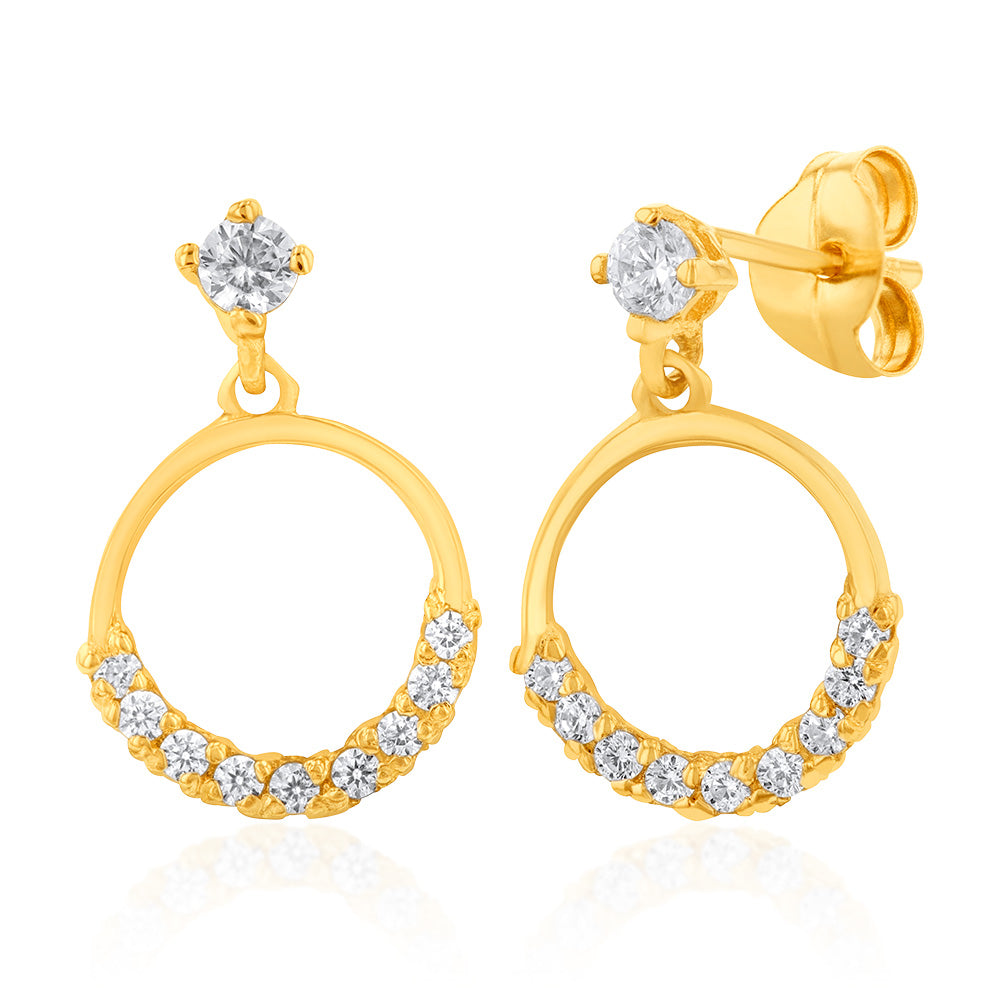 Fashionable 9ct Yellow Gold Zirconia Open Circle Dangling Drop Earrings for Women