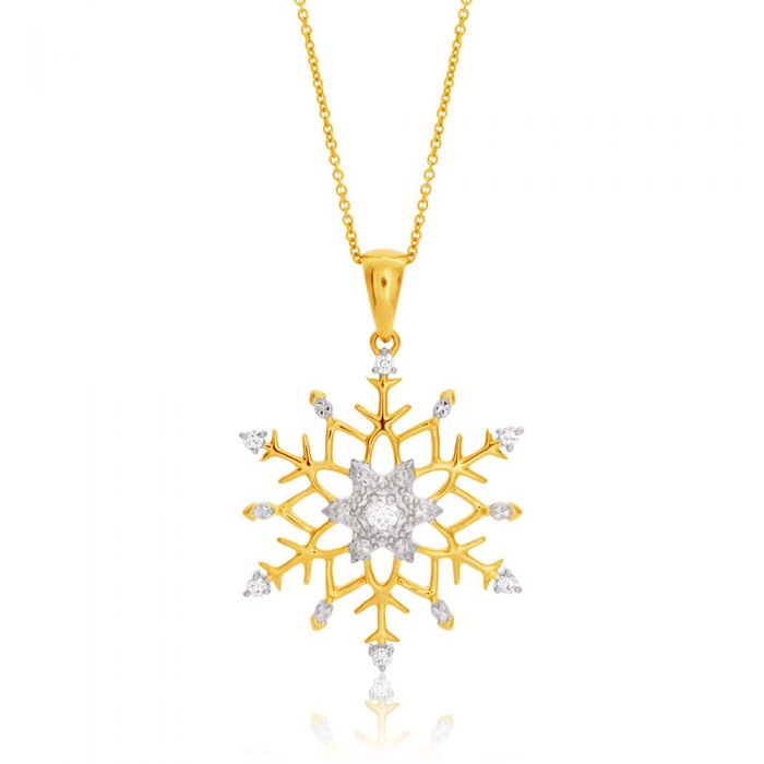 9ct Yellow Gold Snowflake Pendant with 45cm Chain and Flawless Cut Diamonds