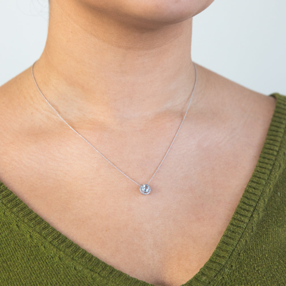 Stunning 9ct White Gold 0.45ct Aquamarine and Diamond Halo Pendant with 45cm Chain for Jewelry Lovers