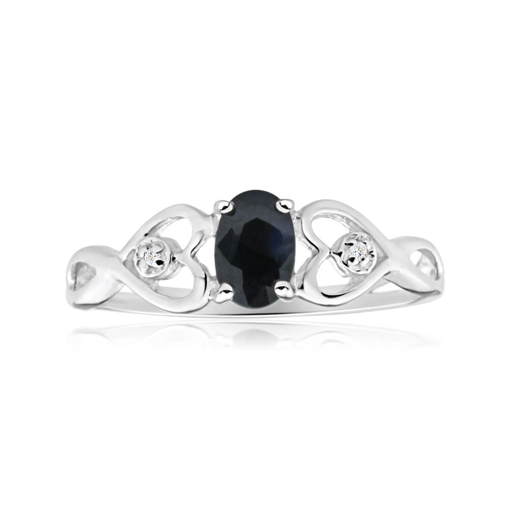 Stunning 9ct White Gold Ring with Diamond Pair and Natural Blue Sapphire