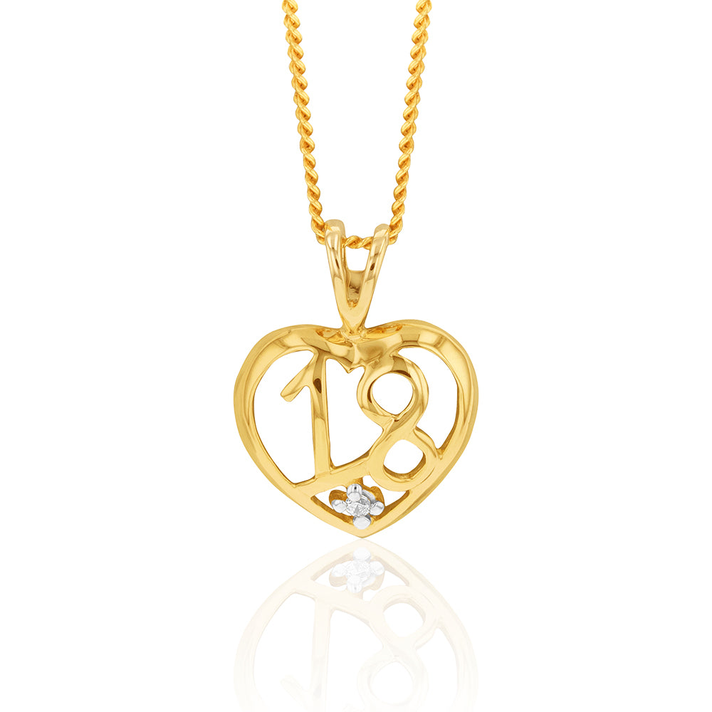 Stunning 9ct Yellow Gold Jewelry - Zirconia-Embellished Number 18 Heart-Shaped Pendant