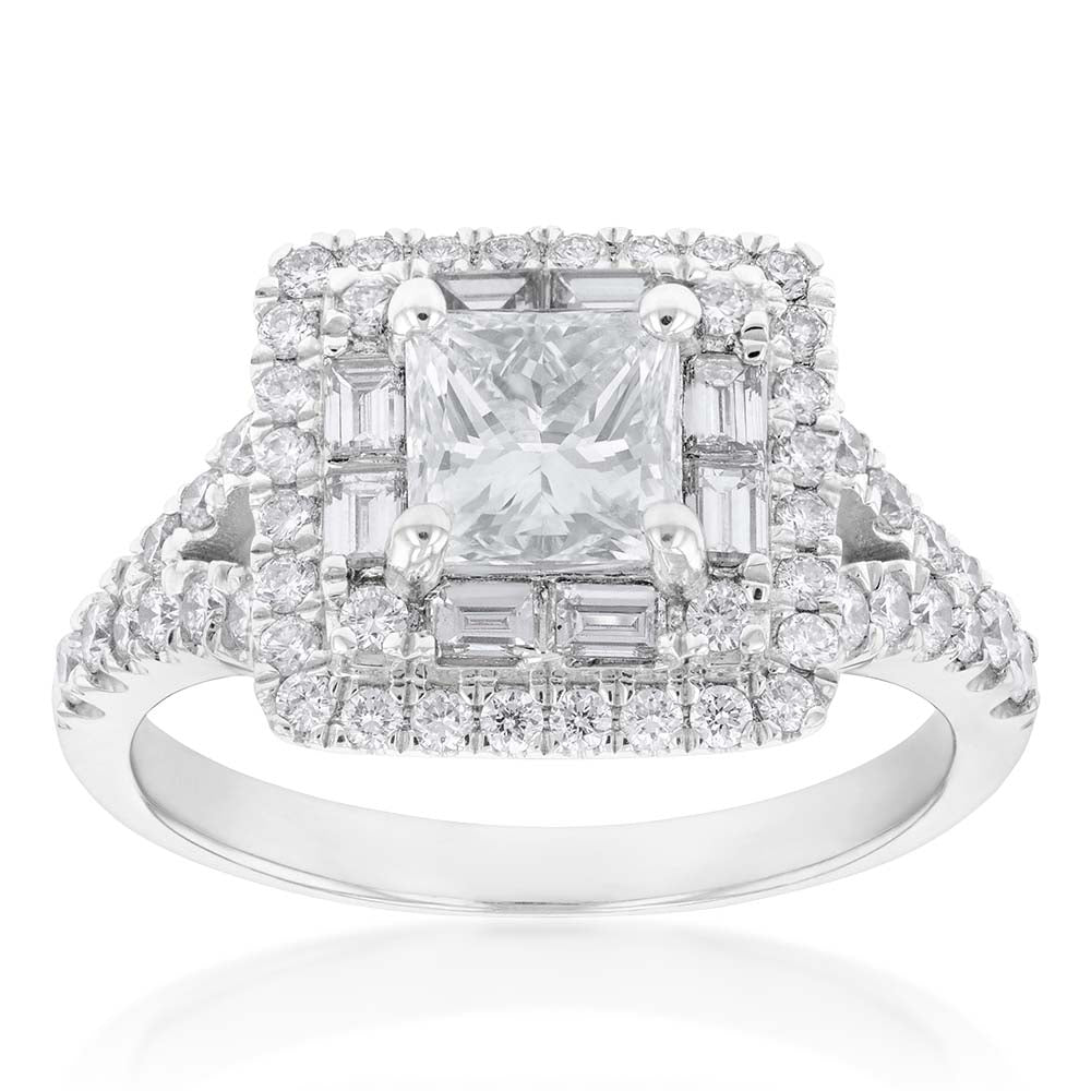 18ct White Gold Ring with 1.00 Carat Certified Princess - Cut Center Diamond, Total 1.80 Carats