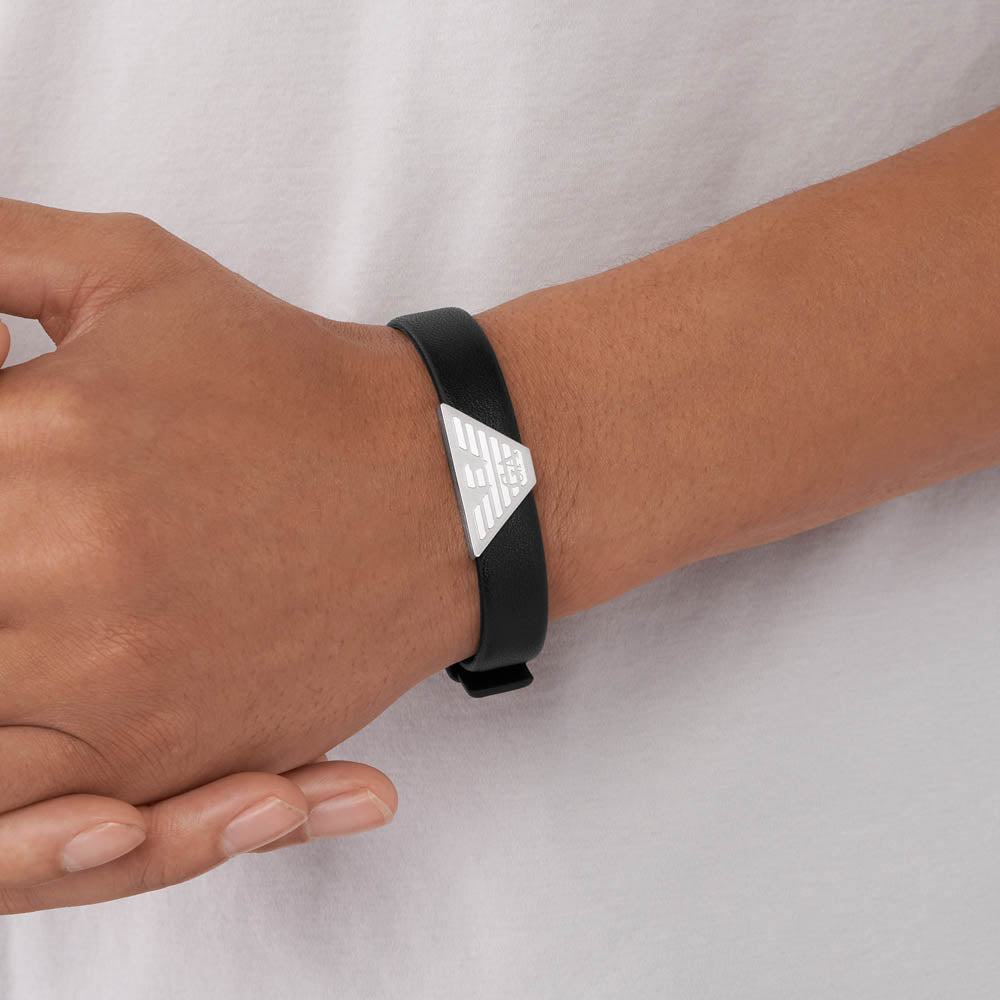 Stylish Emporio Armani ID Bracelet in Stainless Steel and Black Leather