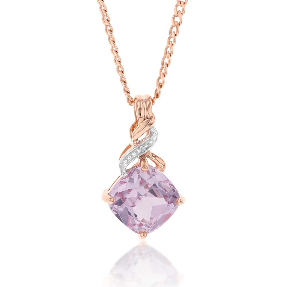 Exquisite 9 Carat Rose Gold Pendant Featuring Lab - Grown Peach Sapphire and Diamonds in Cushion Cut