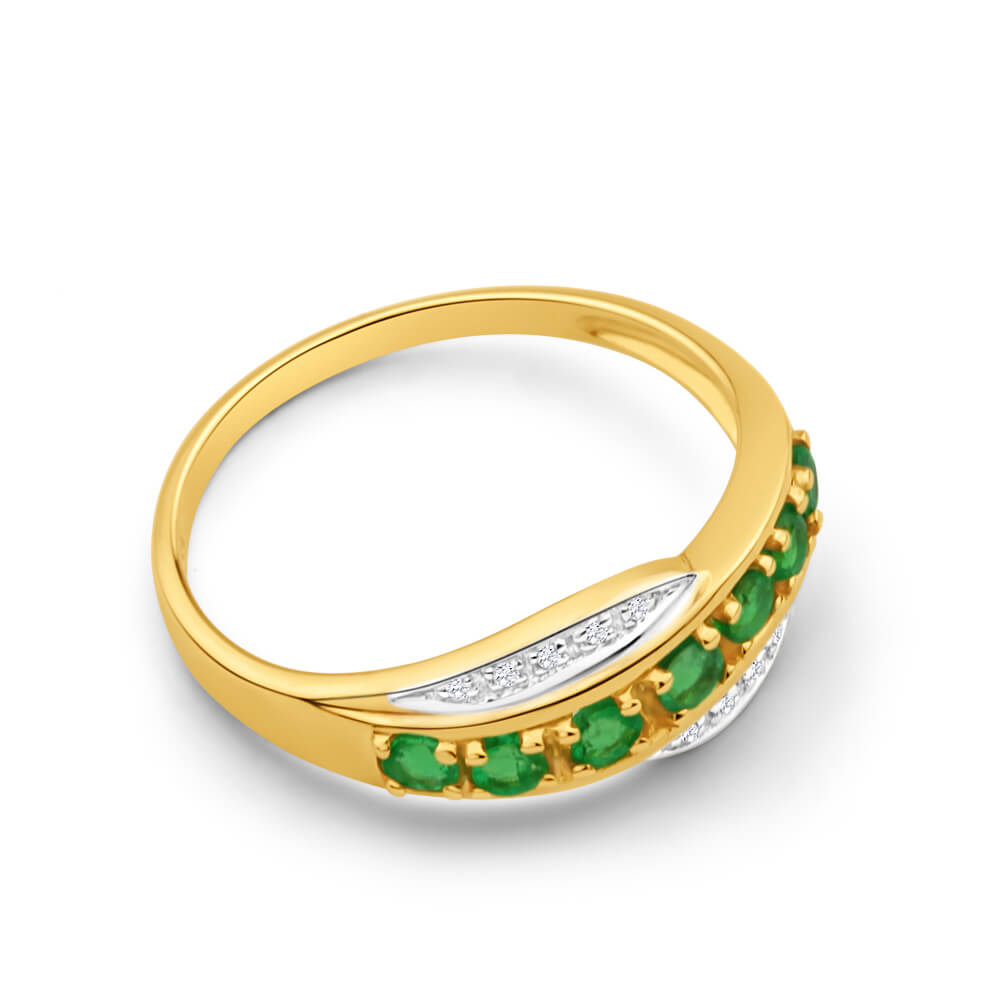 Exquisite 9ct Yellow Gold Ring with Diamonds and Emeralds