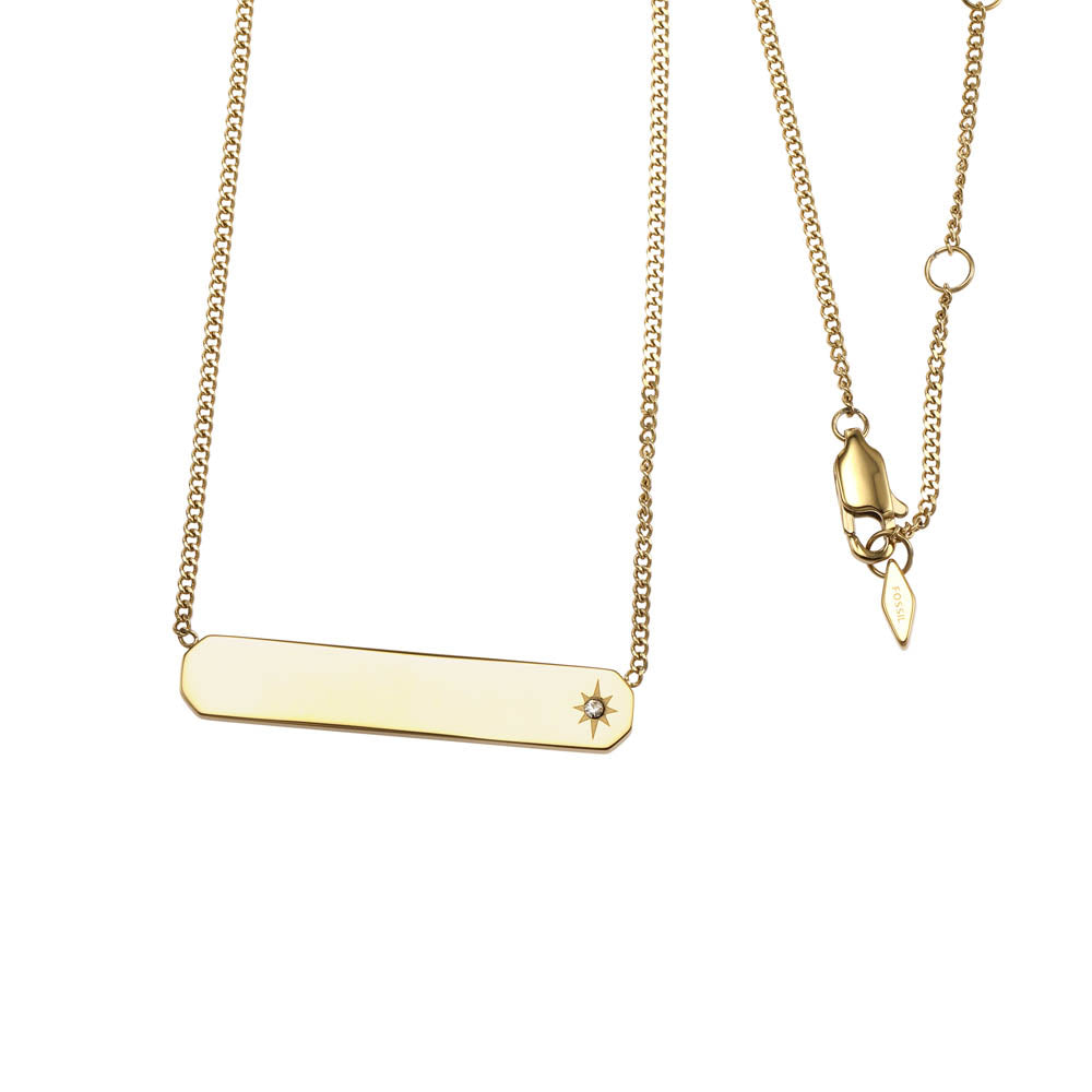 Fossil Stylish Yellow Gold Coated Stainless Steel Drew Identification Pendant along with a Chain
