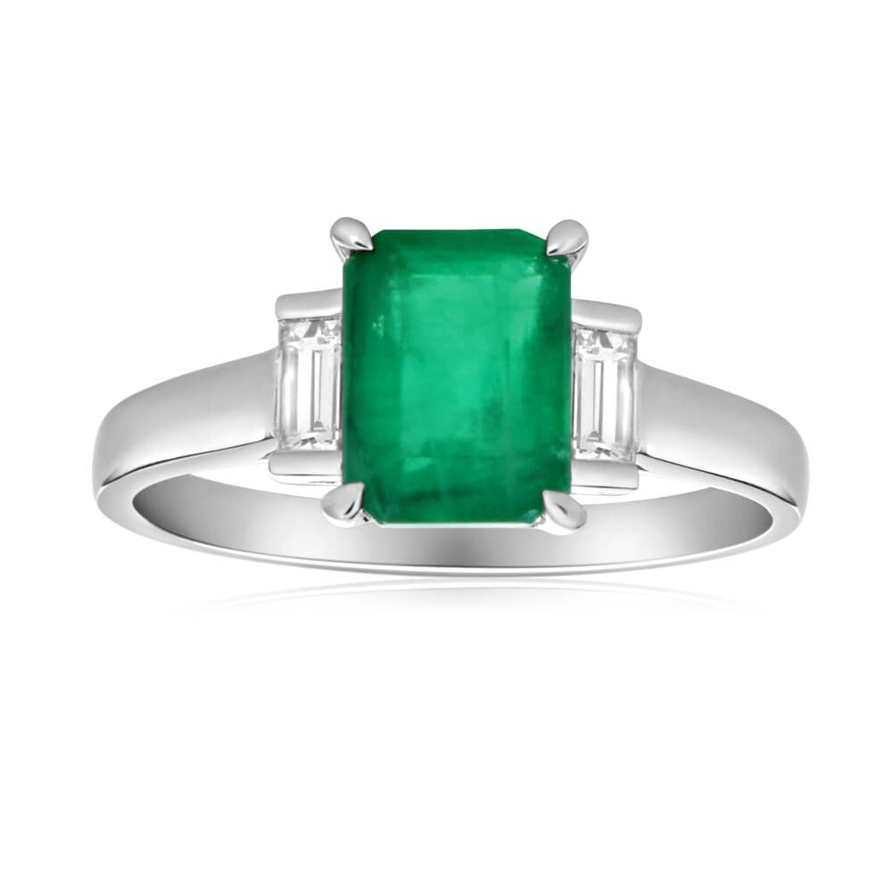 1.60-Carat Natural 8x6mm Emerald and 0.21ct Diamond Ring in 9ct White Gold