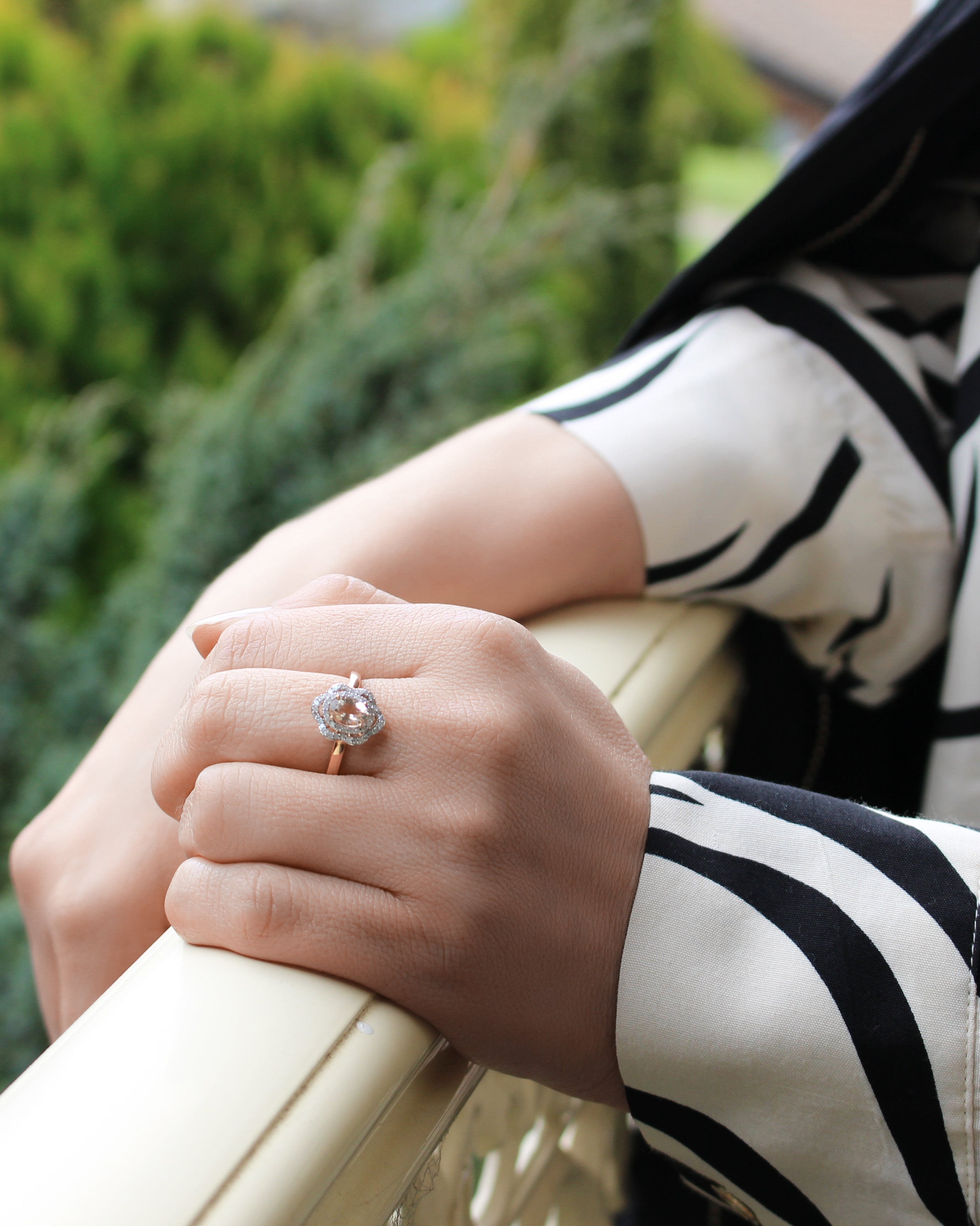 Exquisite 9ct Rose Gold Floral Halo Engagement Ring Featuring 7x5mm 0.65 Carats Morganite and 0.25 Carats Diamonds