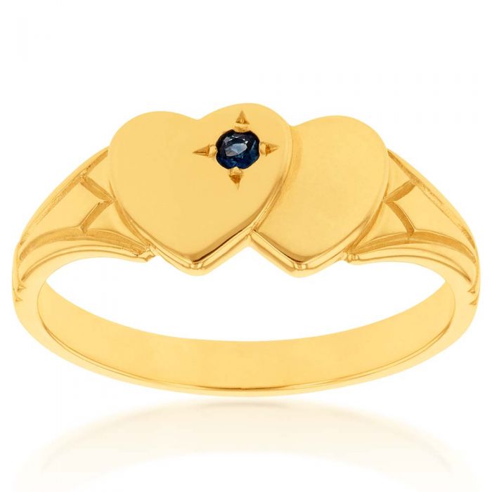 9 Carat Yellow Gold Sapphire Double Heart Signet Ring in Size L - A Timeless Jewelry Piece