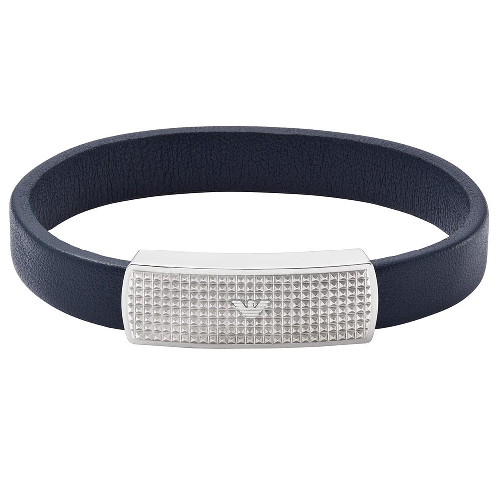 Stylish Emporio Armani Blue Leather and Stainless Steel ID Bracelet