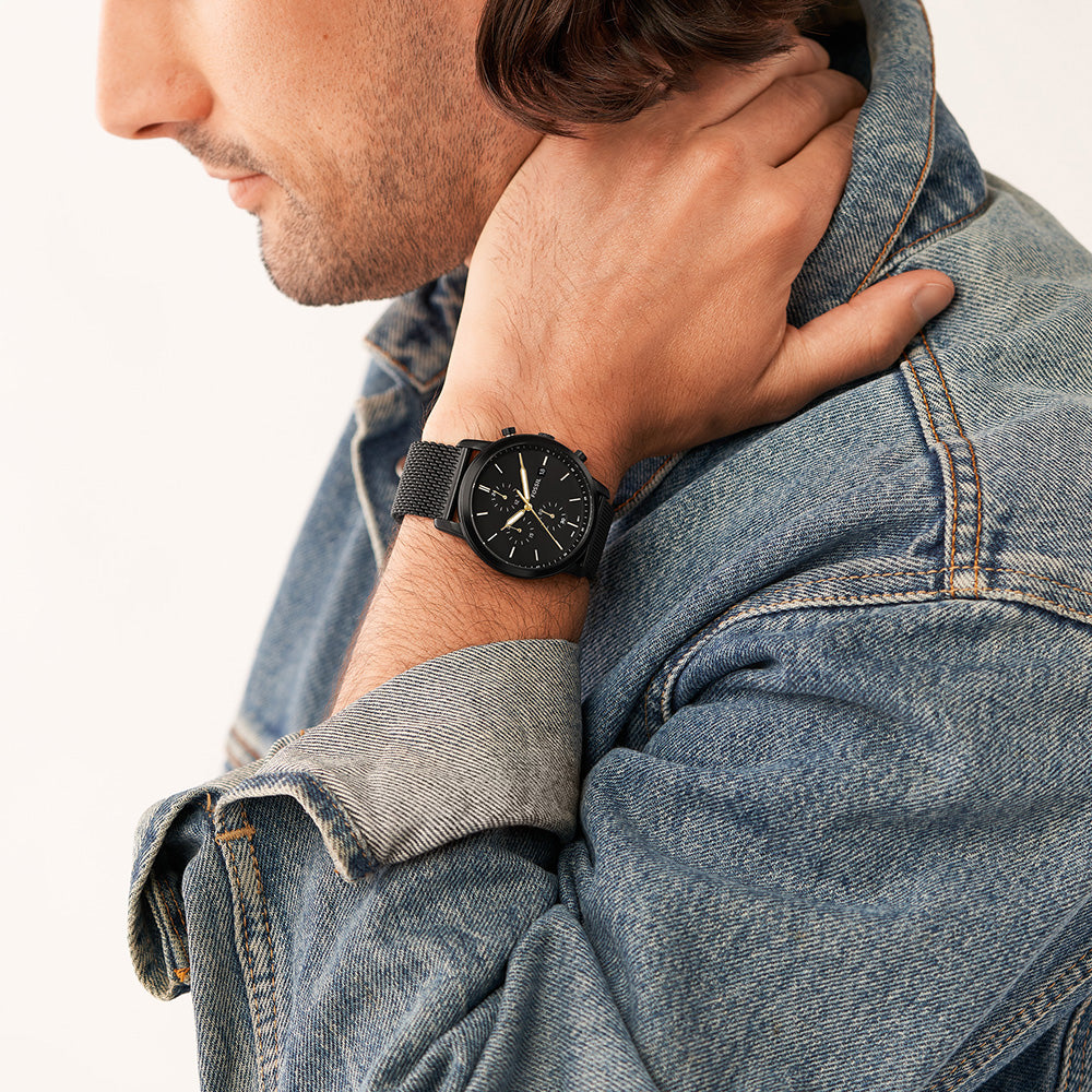 Fossil FS5943 Men's Minimalist Black Stainless Steel Mesh Chronograph Watch