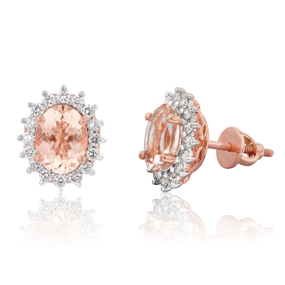 Stunning 9ct Rose Gold Stud Earrings with 1.20ct Morganite and Diamonds