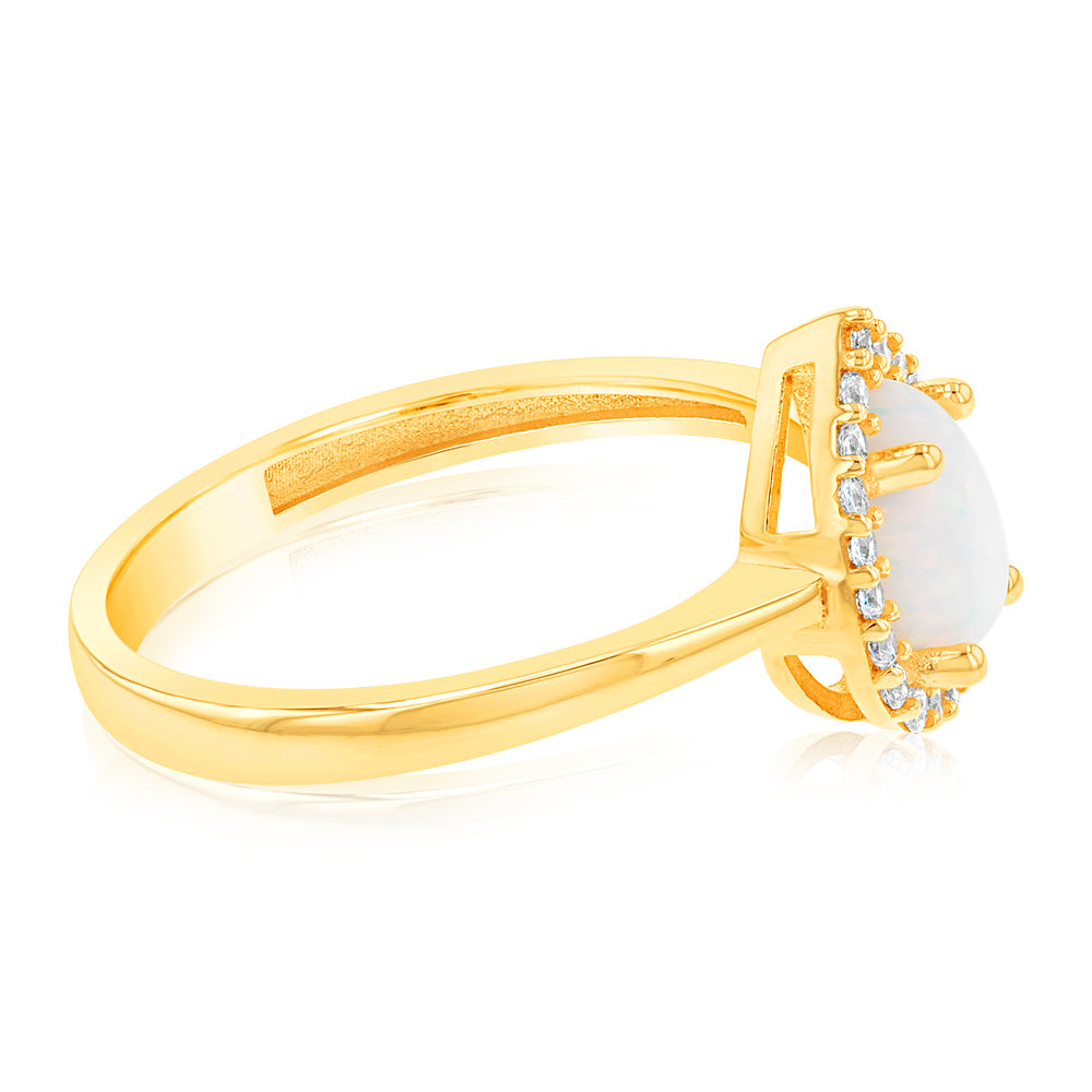 Stunning 9ct Yellow Gold Opal Pear & Cubic Zirconia Ring