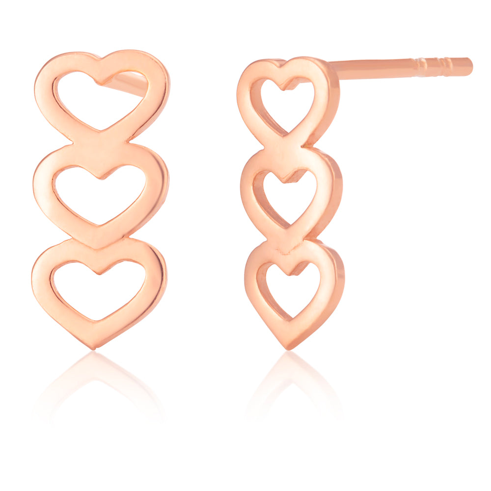 Stylish 9ct Rose-Coloured Gold Filled Three-Heart Stud Earrings for Love