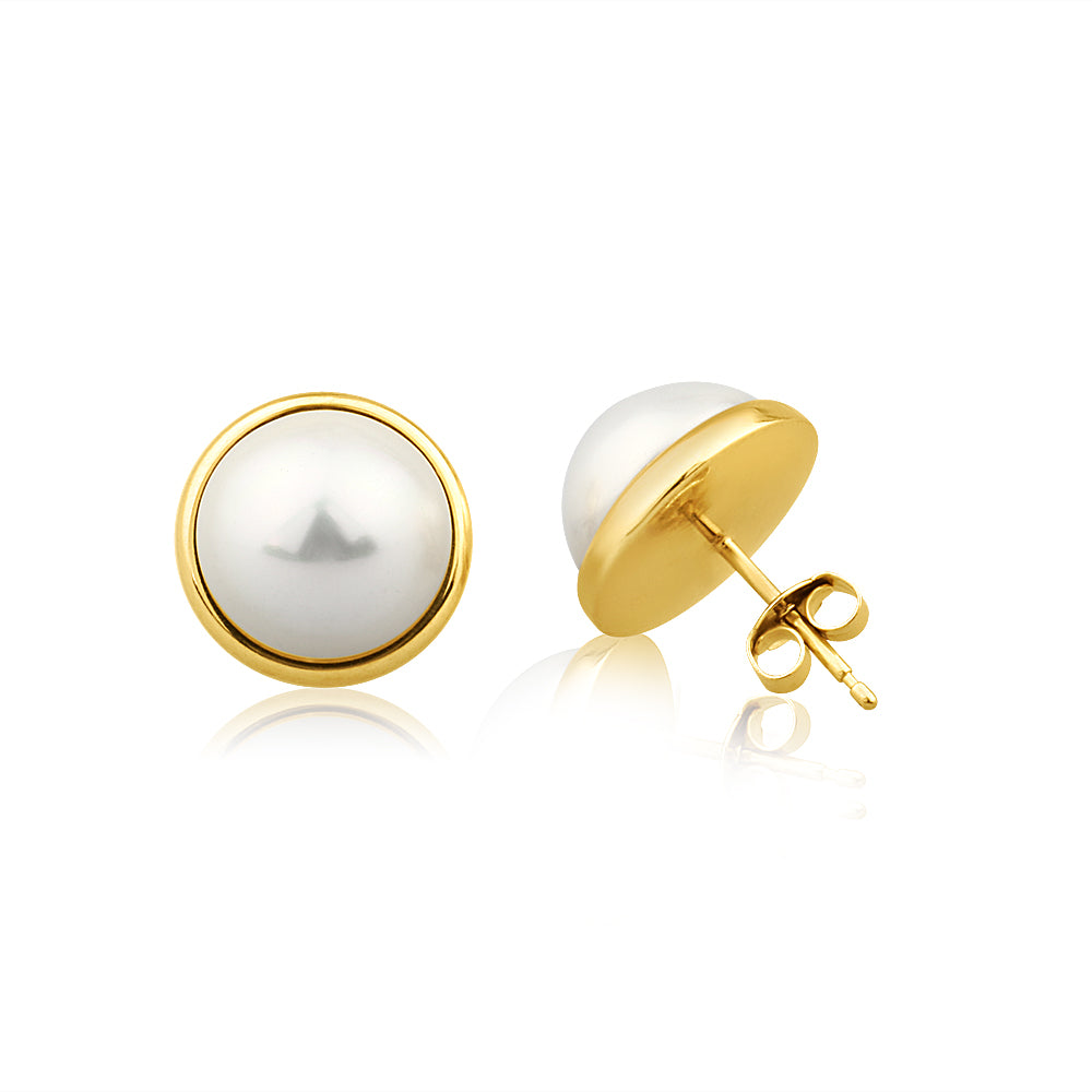 Gorgeous 9 Carat Yellow Gold Fashioned Simulated Pearl Stud Earrings for Women's Jewelry Collection
