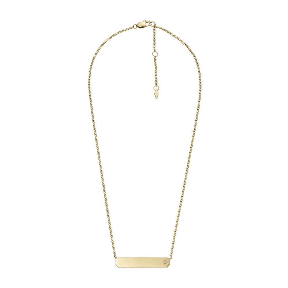 Fossil Stylish Yellow Gold Coated Stainless Steel Drew Identification Pendant along with a Chain