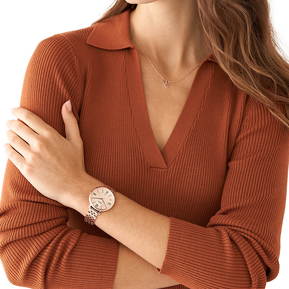 Fossil ES5252SET Jacqueline Fashionable Rose Gold Tone Watch Set with Matching Necklace and Earrings