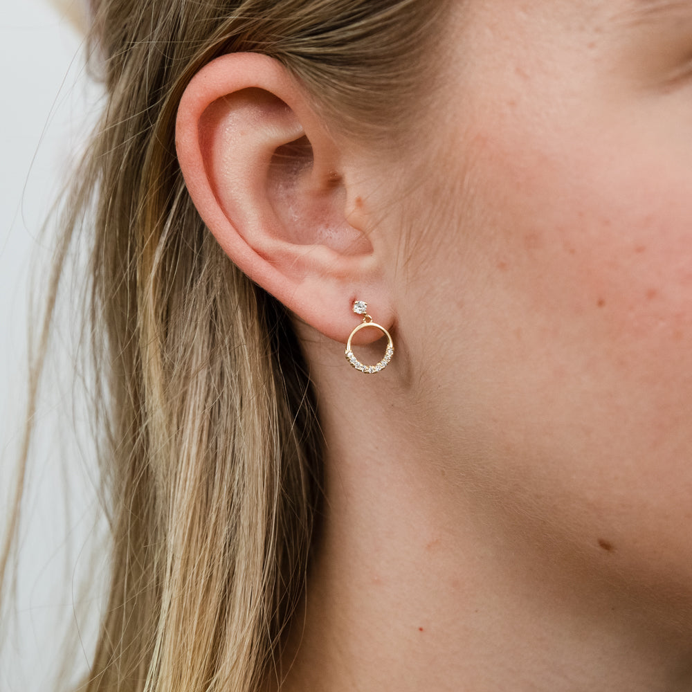 Fashionable 9ct Yellow Gold Zirconia Open Circle Dangling Drop Earrings for Women