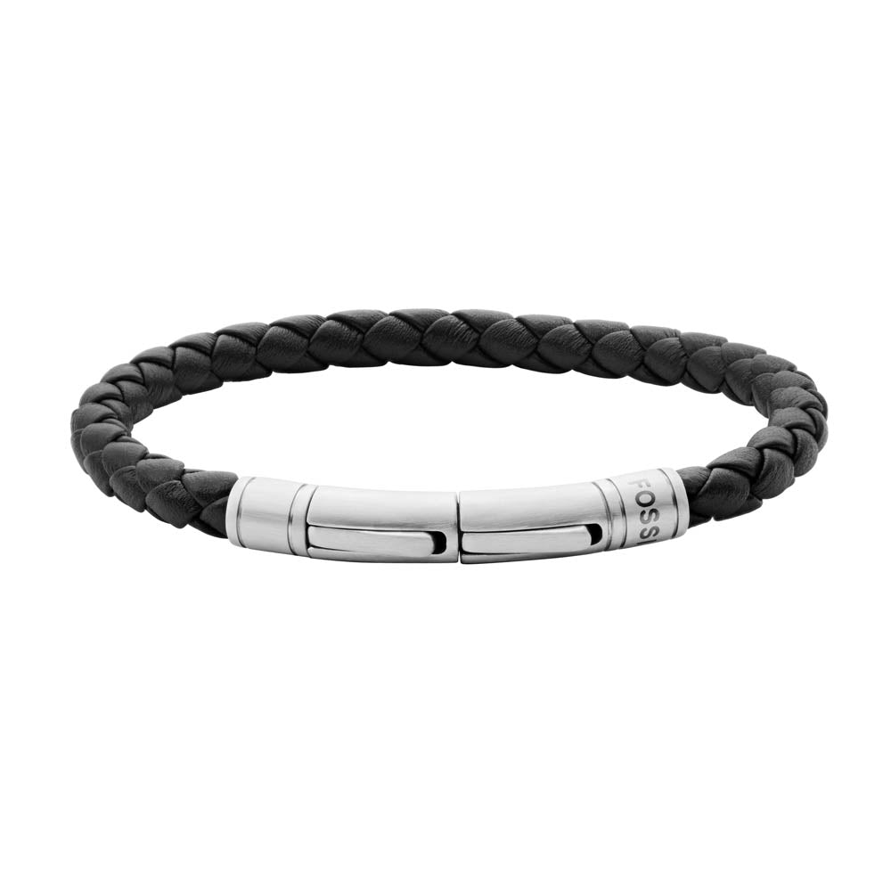 Fossil Men's Stainless Steel and Brown Braided Leather Fashion Jewelry Bracelet with 21.7cm Length
