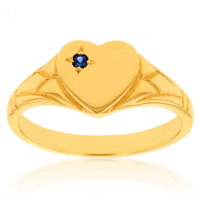 9 Carat Yellow Gold Sapphire Heart-Shaped Signet Ring for Women, Size H