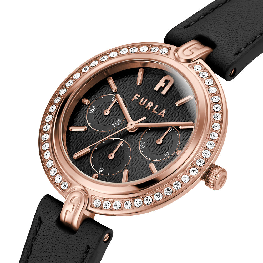 Furla Black Leather Strap Rose Gold Plated Women's Logo Watch