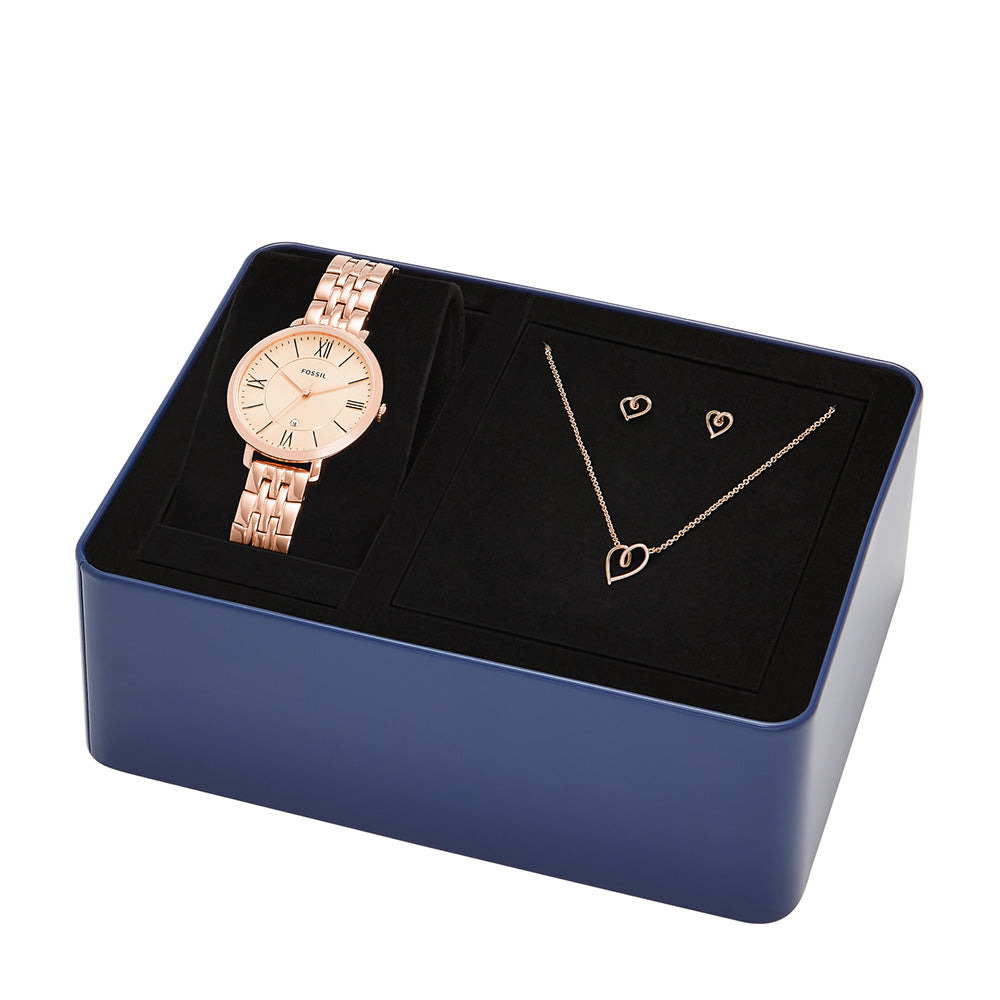 Fossil ES5252SET Jacqueline Fashionable Rose Gold Tone Watch Set with Matching Necklace and Earrings
