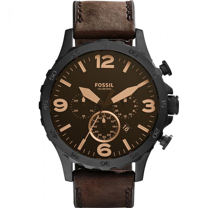 Fossil Nate JR1487 Men's Brown Leather Chronograph Watch