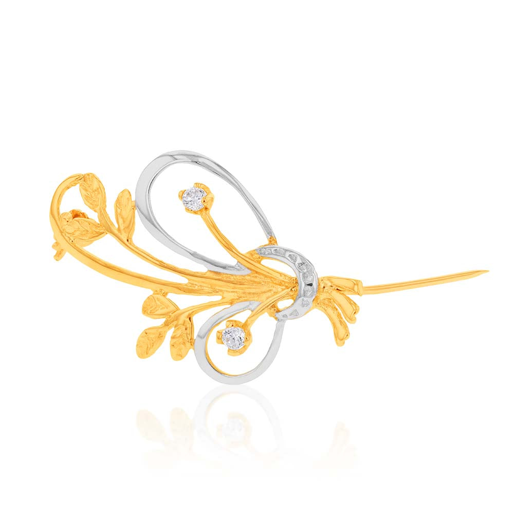 Stunning 9ct Two - Tone Zirconia Floral Bouquet Sparkling Brooch