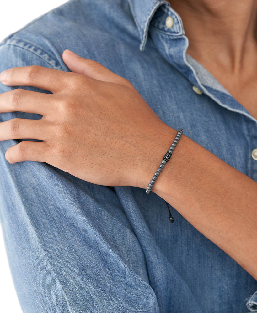 Fossil Branded Stainless Steel Fashion Jewelry Hematite Beaded Bracelet with 25cm Length