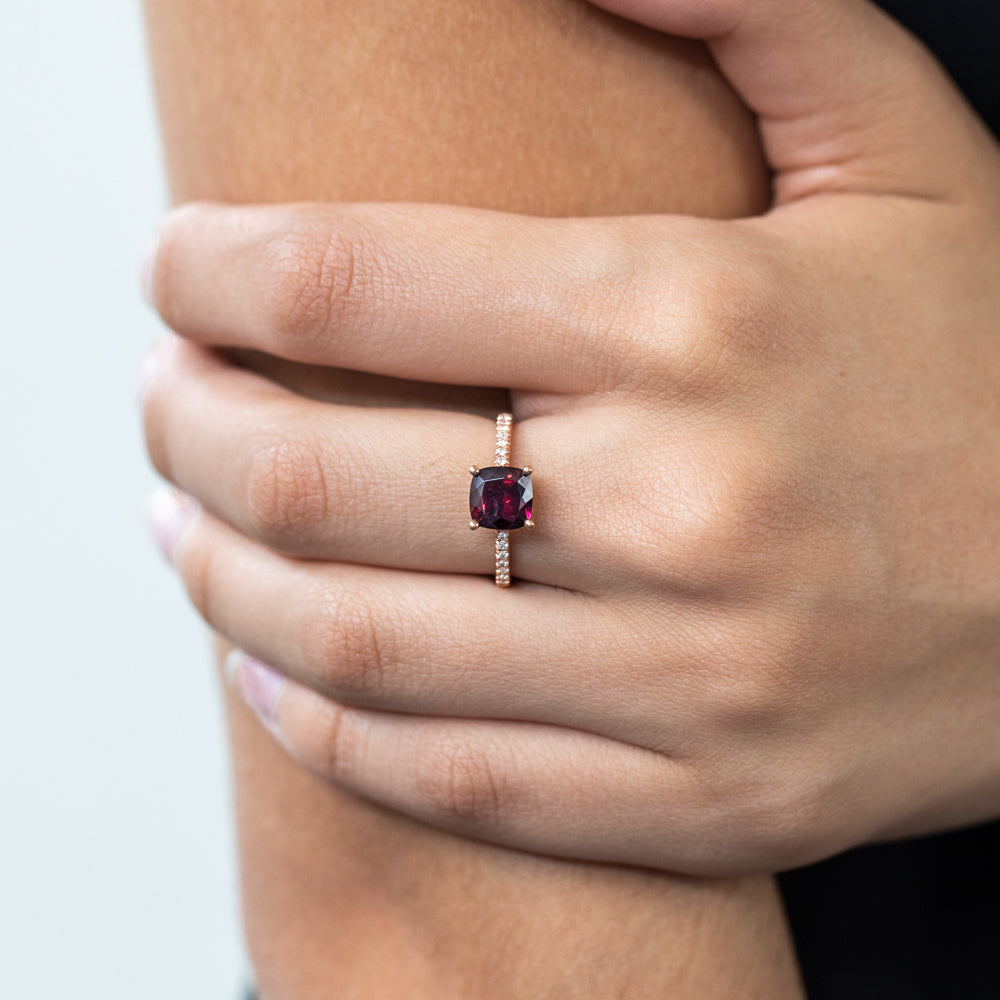 7mm Cushion Cut Rhodolite Garnet Ring in 9ct Rose Gold with 0.11ct Sparkling Diamonds