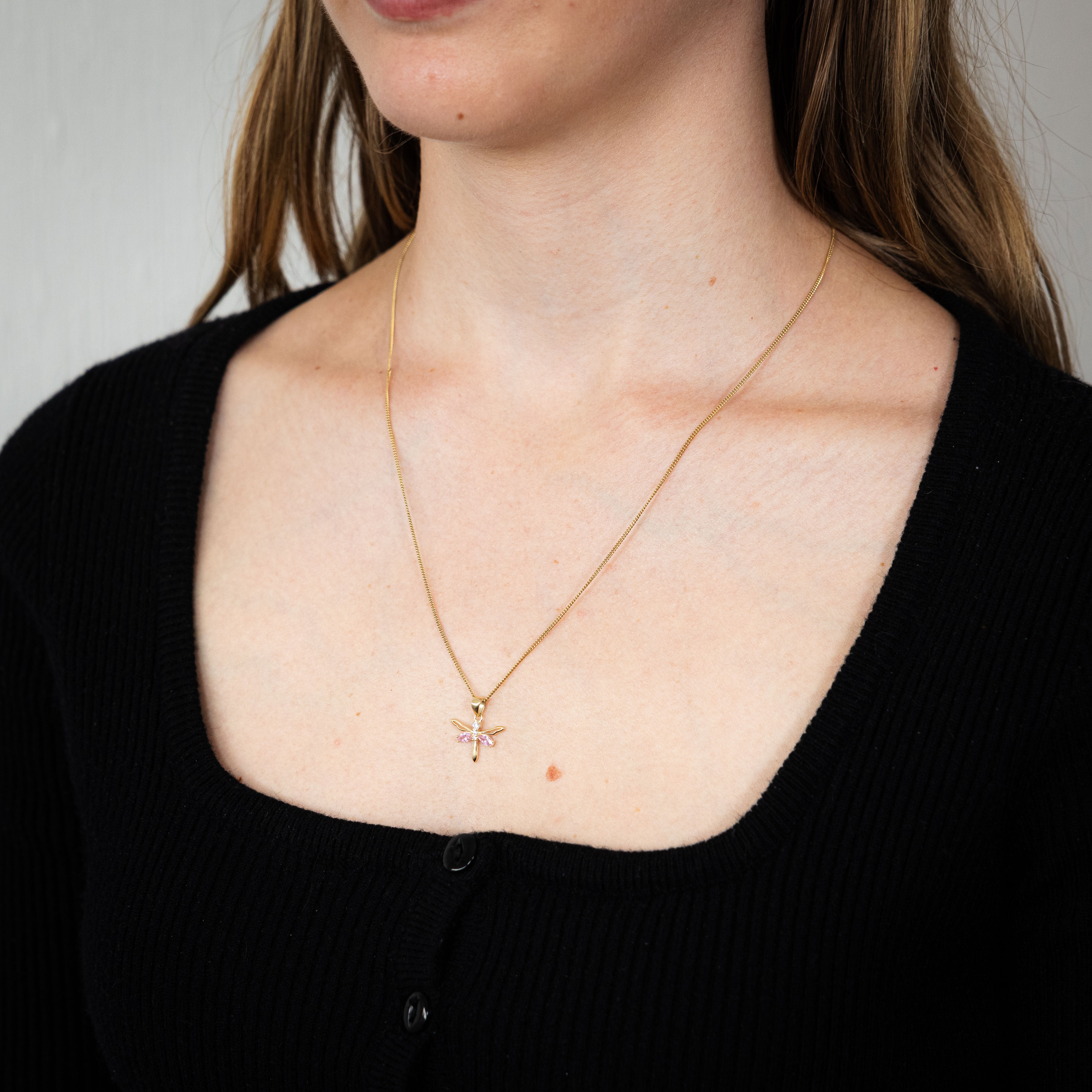 9ct Yellow Gold Pink Zirconia-Embellished Dragonfly Pendant