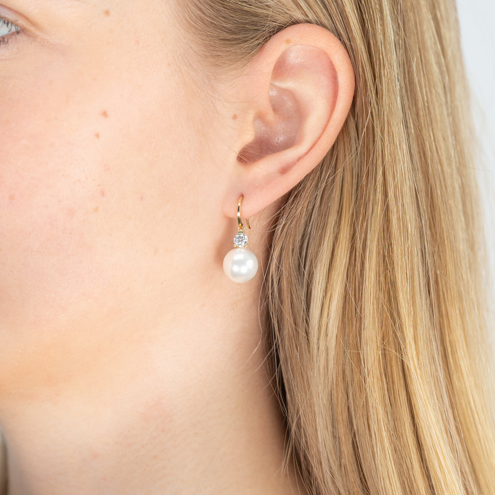 Elegant 9ct Yellow Gold 10mm Simulated Pearl and Cubic Zirconia Dangling Earrings