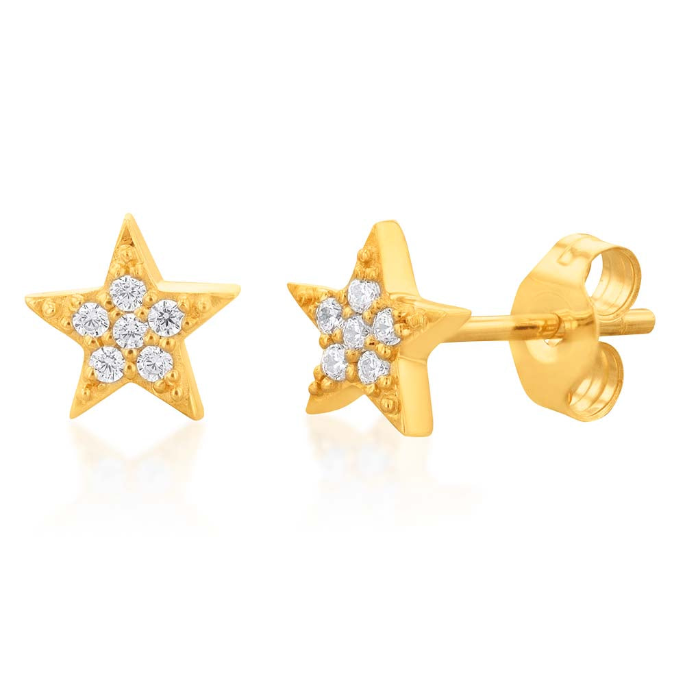 9-carat Yellow Gold Stud Earrings Featuring Zirconia Stars