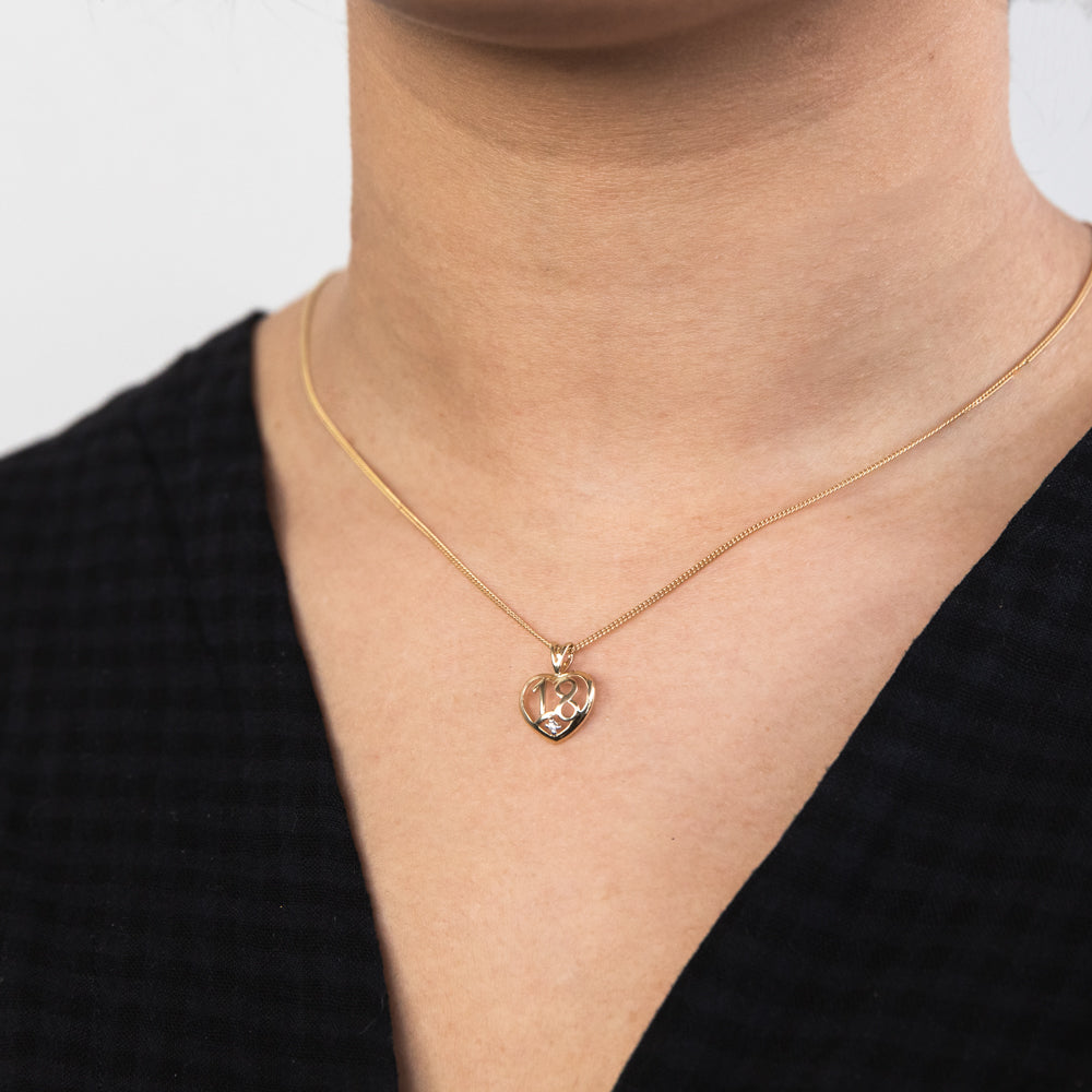 Stunning 9ct Yellow Gold Jewelry - Zirconia-Embellished Number 18 Heart-Shaped Pendant