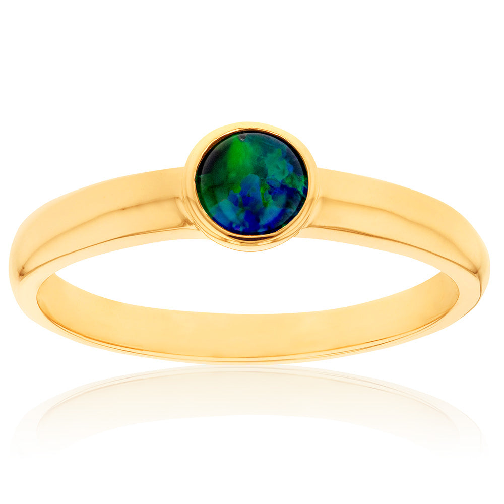 9-carat Yellow Gold Triplet Opal Round Bezel Ring with 5mm Diameter, Limited Resizing (1 - 2 Sizes Only)