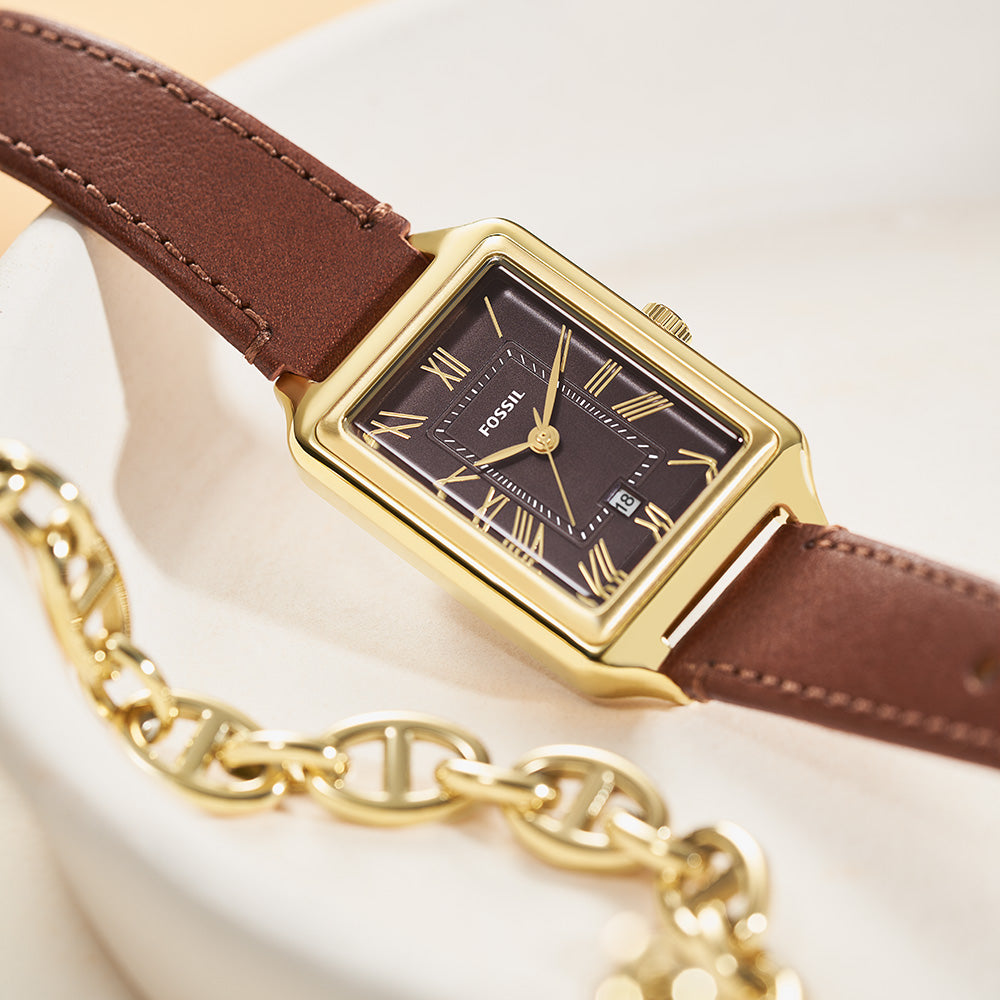 Fossil Raquel ES5303 Gold Rectangular Watch with Brown Leather Strap