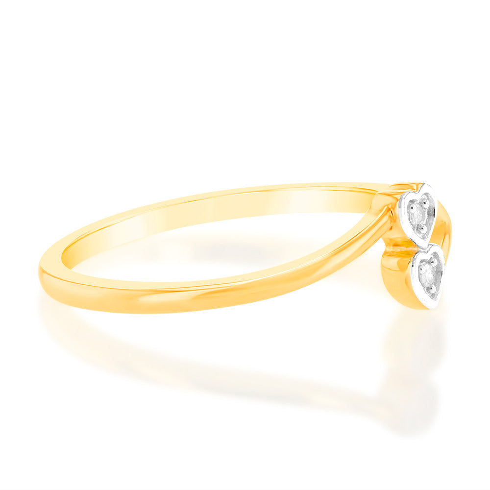 Exquisite 9ct Yellow Gold Ring with Two Heart - Shaped Diamonds