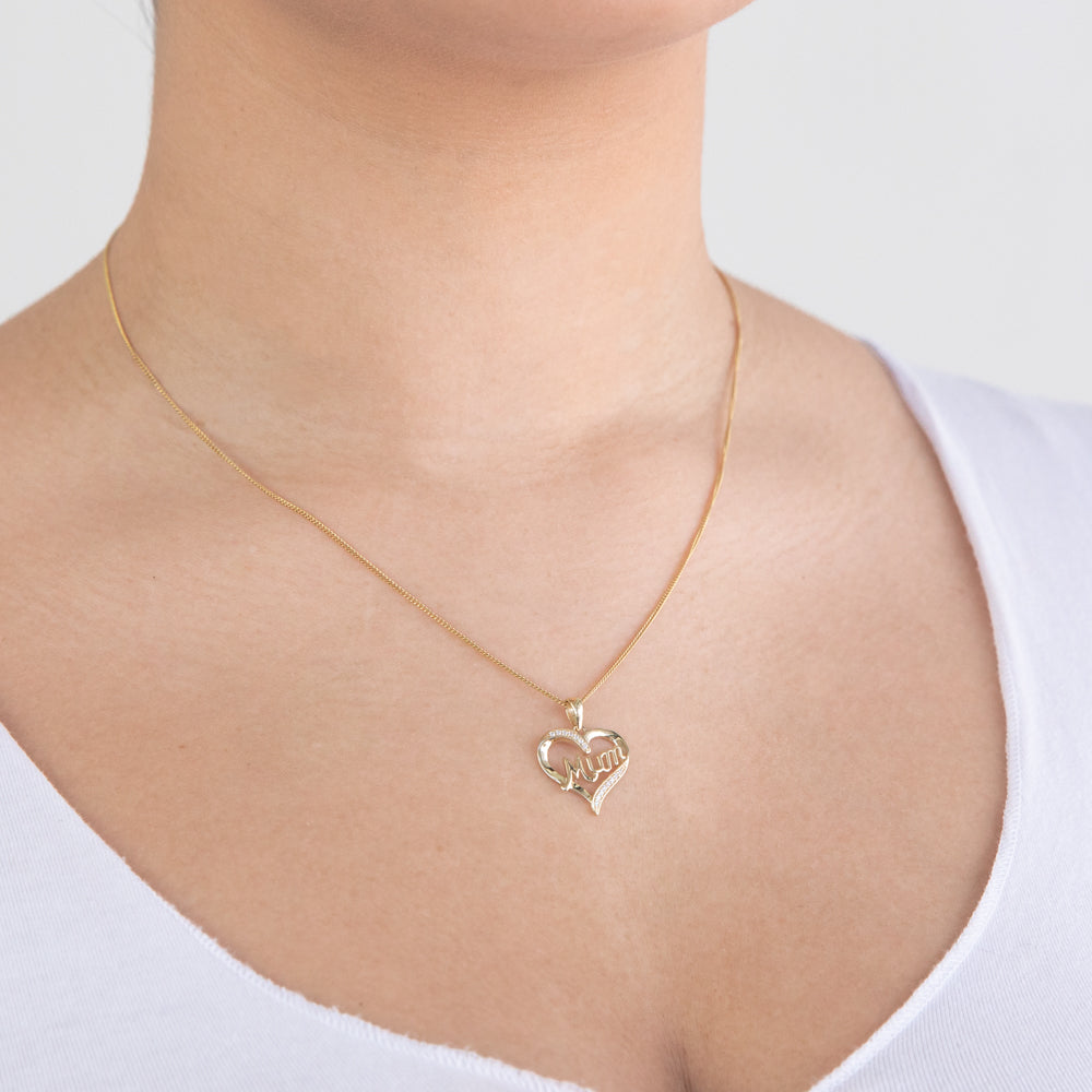 9 Carat Yellow Gold Zirconia-Embedded 'Mum' Heart-Shaped Pendant for Mother's Day Gift
