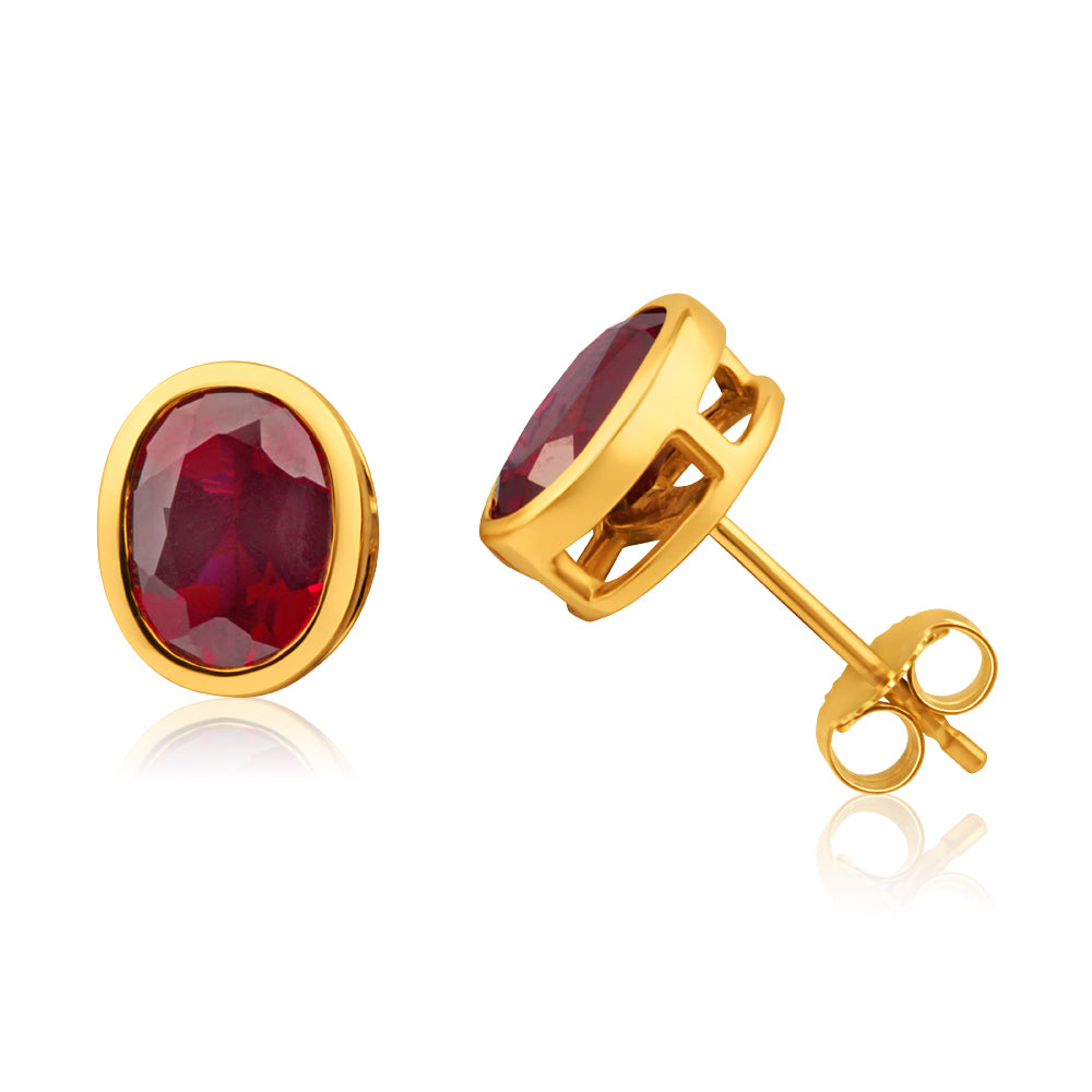Exquisite 9ct Yellow Gold Stud Earrings with 8x6mm Lab - Created Rubies