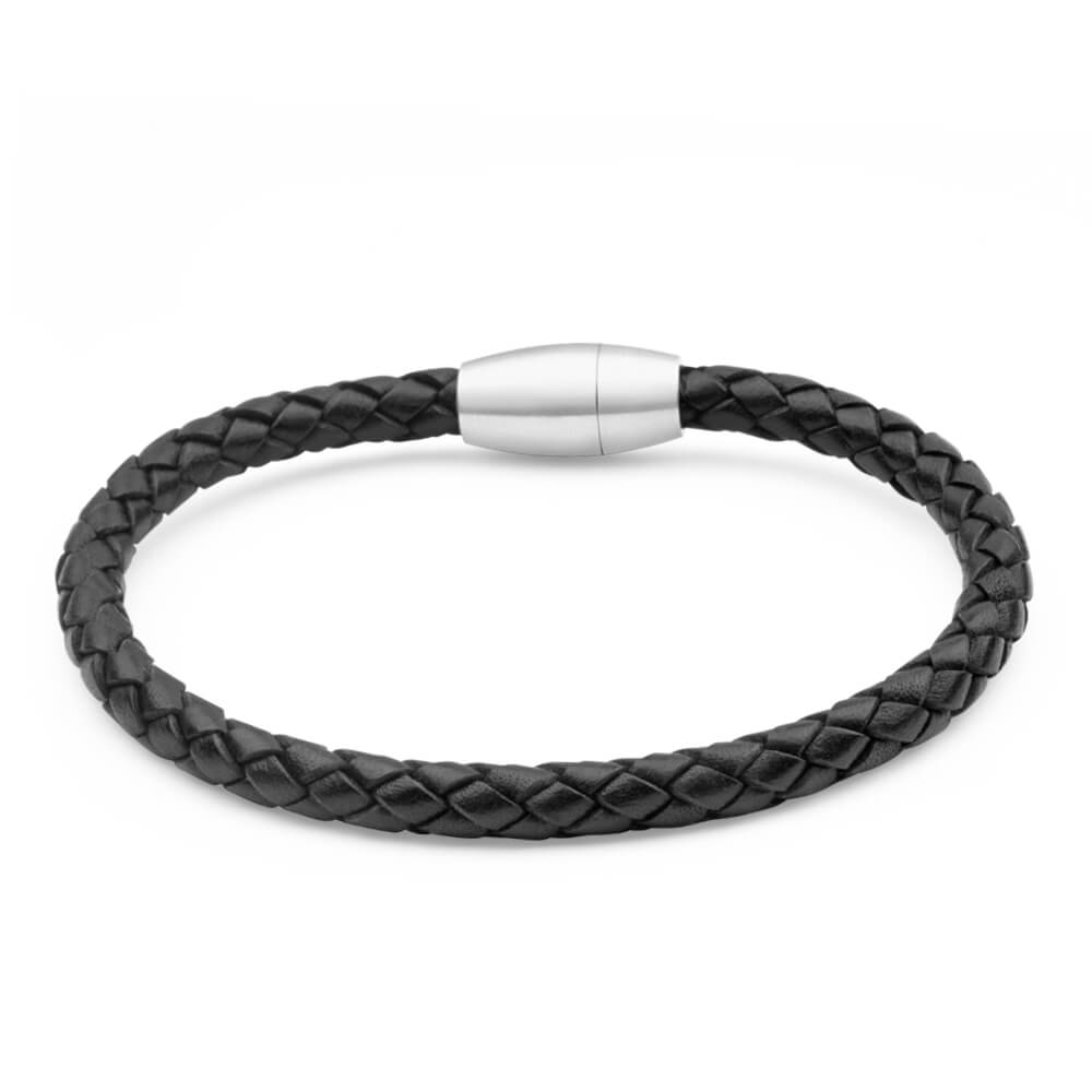 21cm Men's Forte Bracelet Crafted from Black Stainless - Steel and Plaited Leather with a Magnetic Closure
