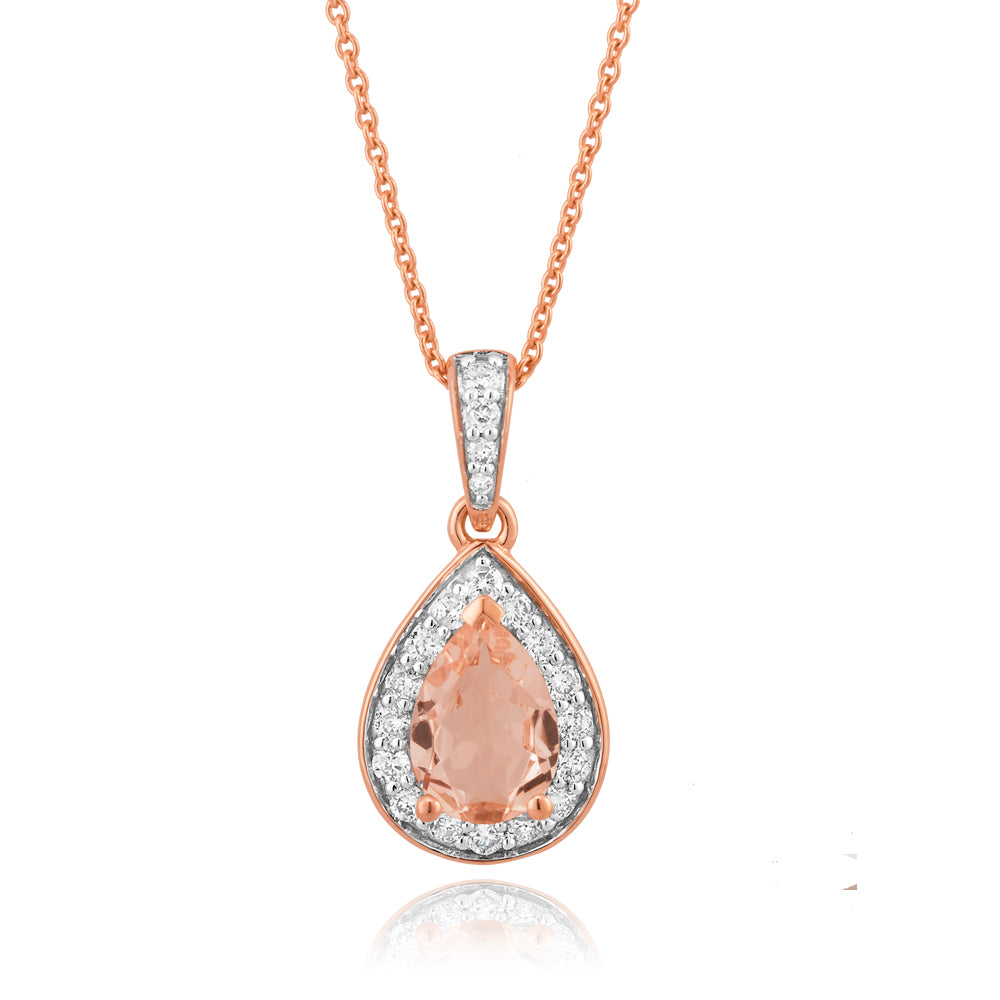 Stunning 9 Carat Rose Gold Morganite Pear and 0.15 Carat Diamond Pendant with a 45cm Chain - A Timeless Jewelry Piece