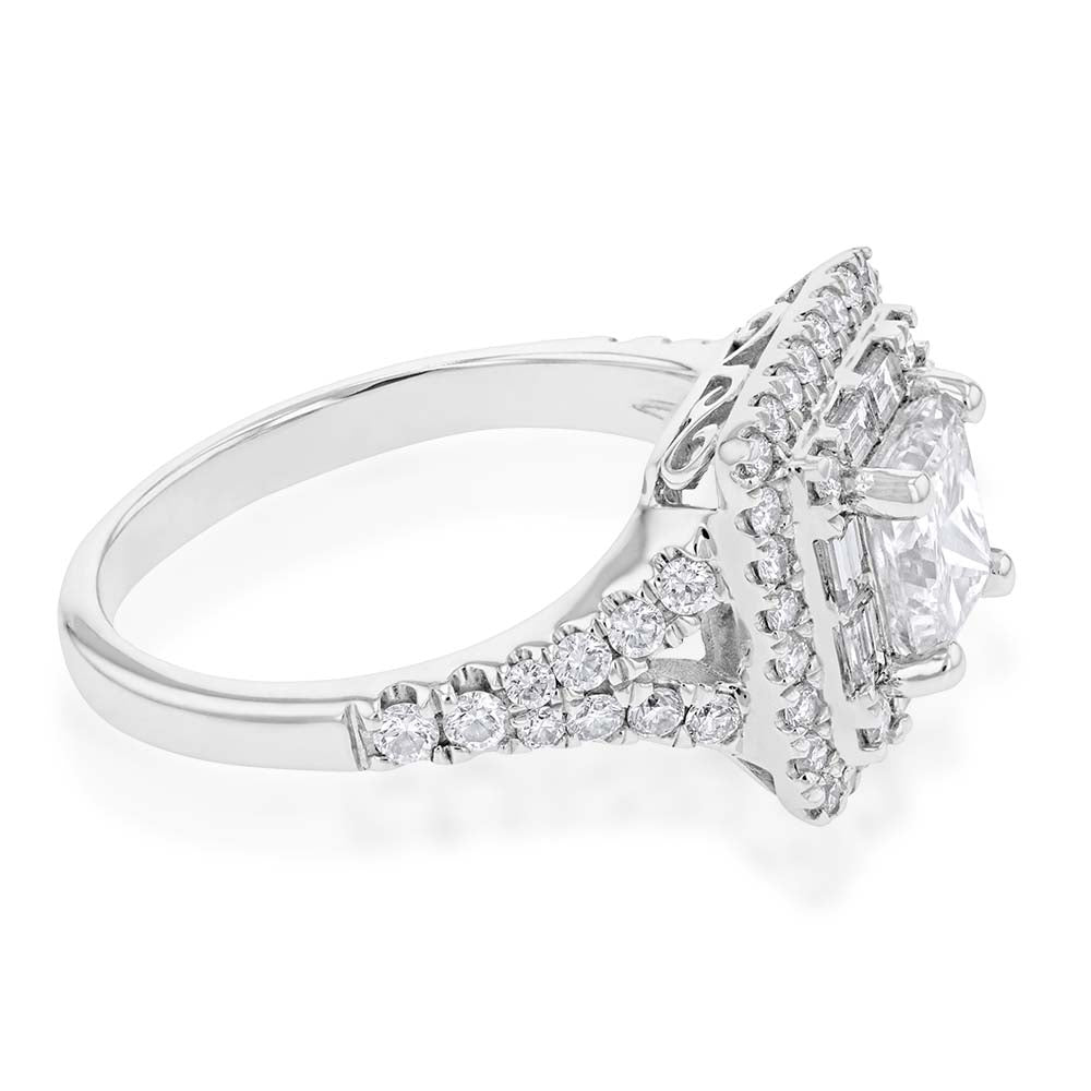 18ct White Gold Ring with 1.00 Carat Certified Princess - Cut Center Diamond, Total 1.80 Carats