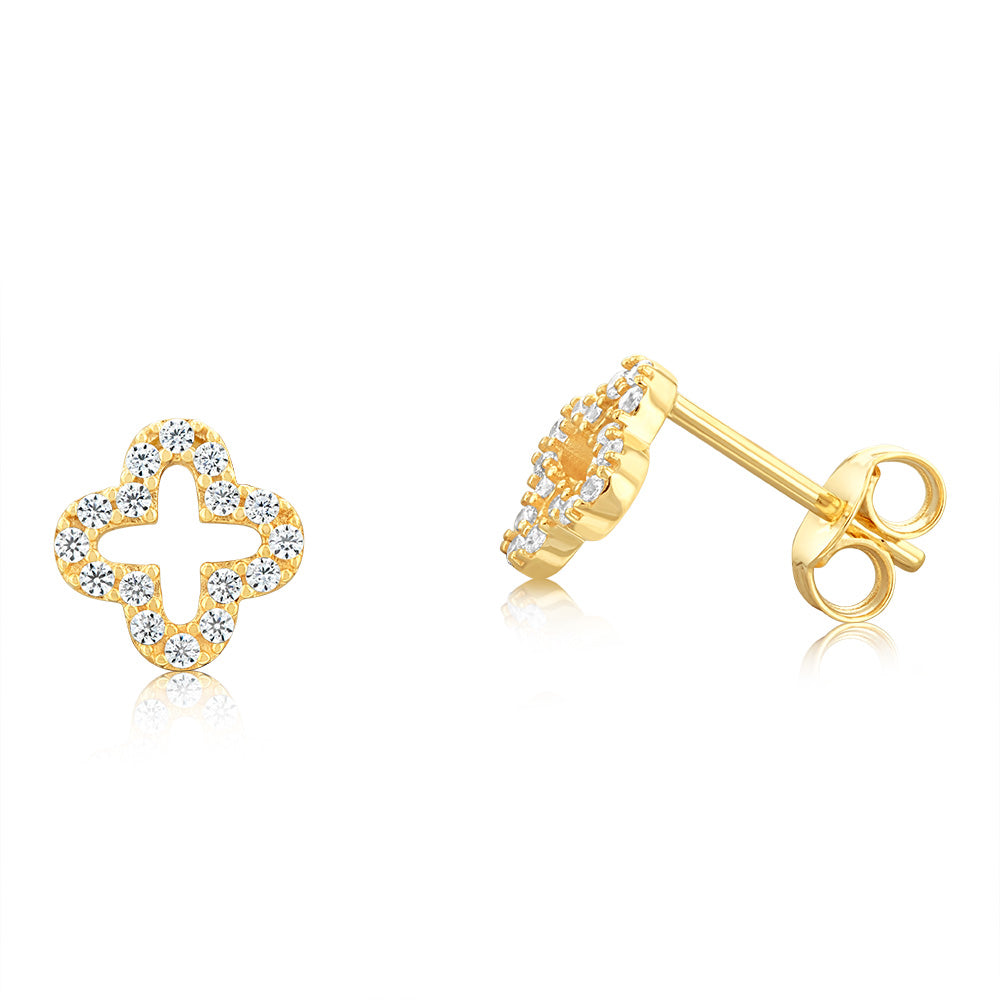 Exquisite 9ct Yellow Gold Stud Earrings Featuring Open Zirconia Flower Design