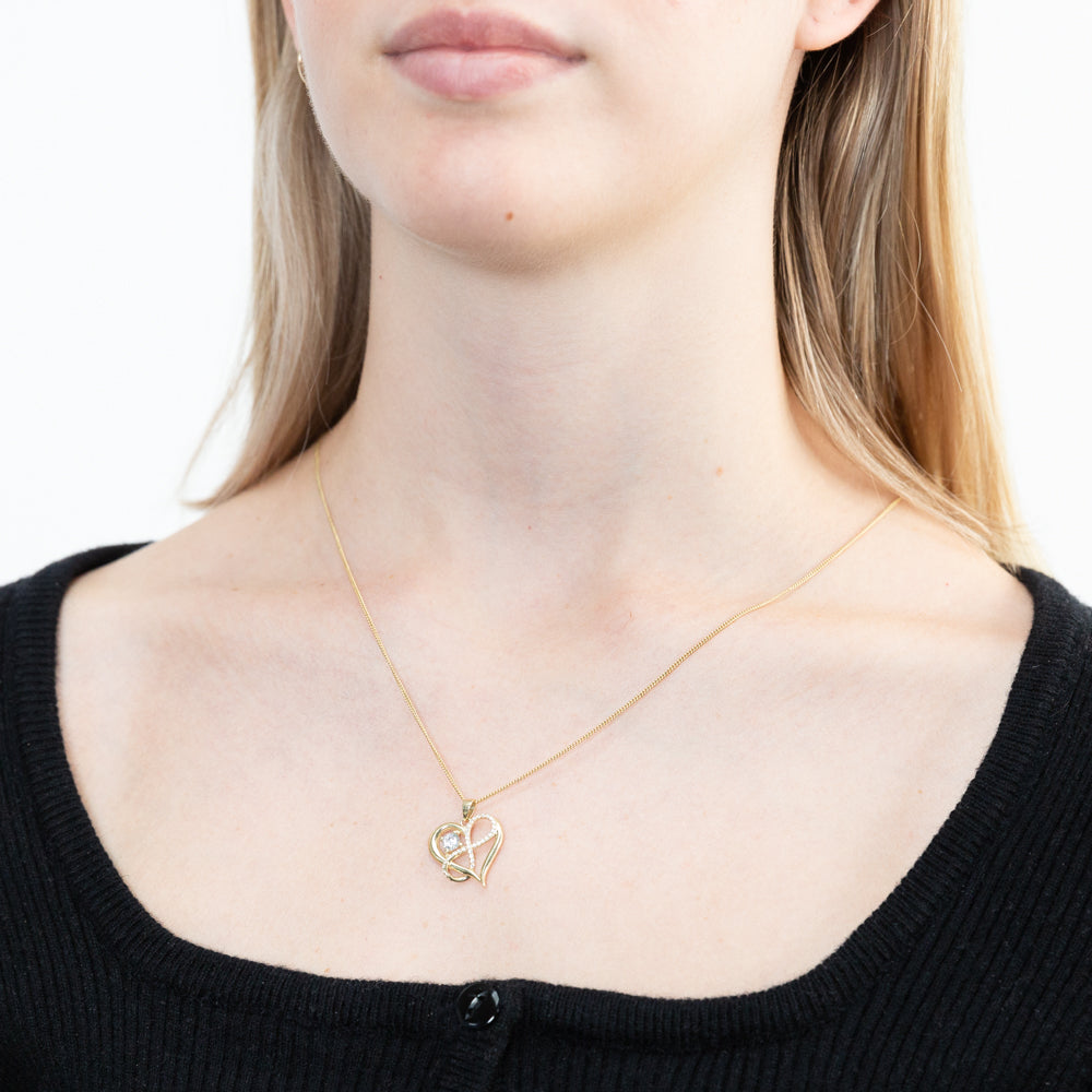 Stunning 9ct Yellow Gold Zirconia Infinity and Heart Design Pendant