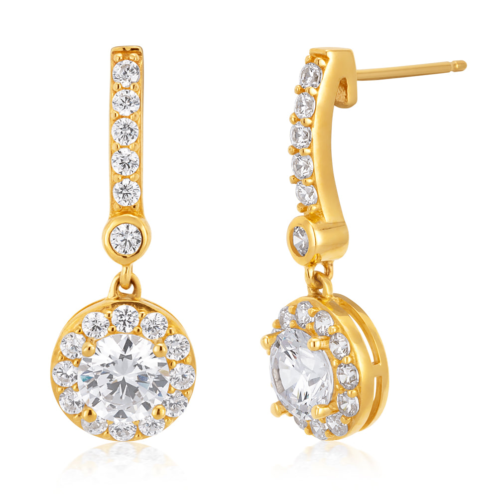 Stunning 9ct Yellow Gold Round Drop Earrings with Zirconia Accents