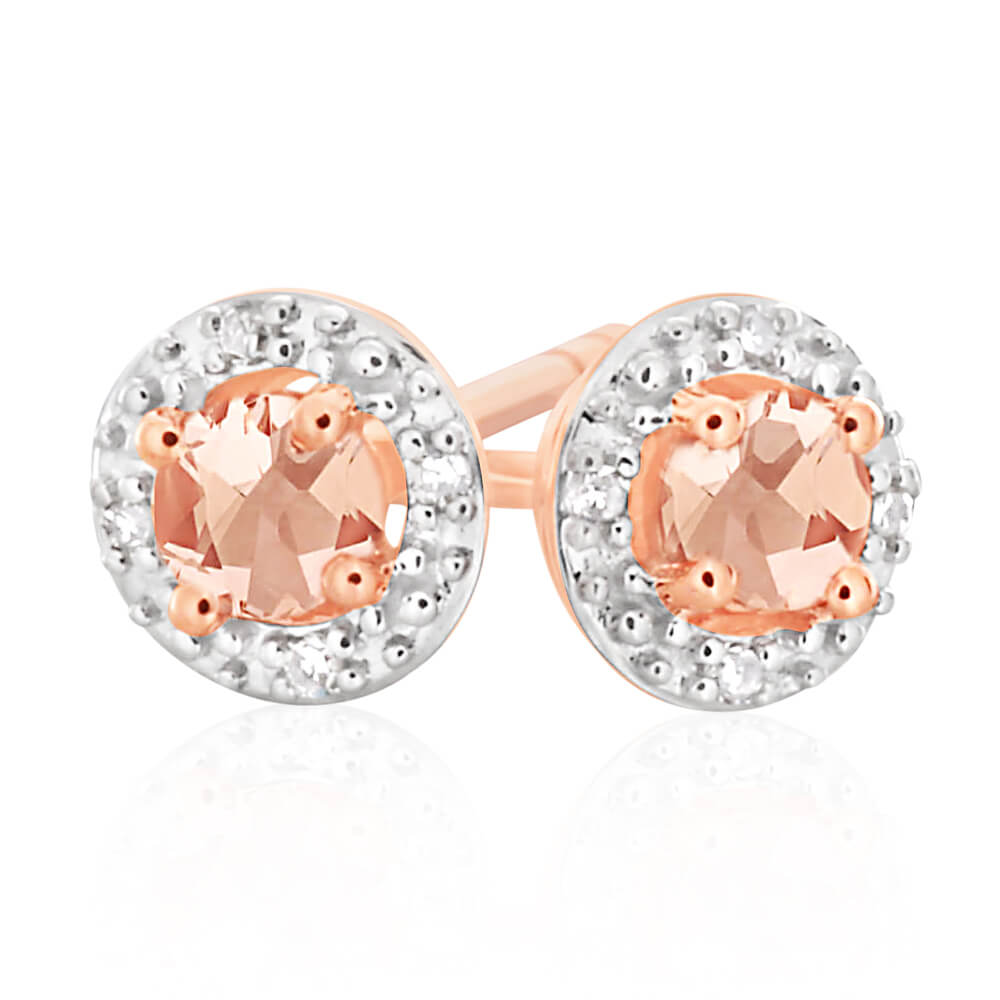 Exquisite 9-carat Rose Gold Stud Earrings with Morganite and Diamond Halo