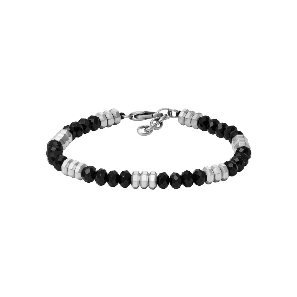 Fossil Branded Stainless Steel Fashion Jewelry Black Agate Beaded Bracelet with a Length of 19+2.5cm